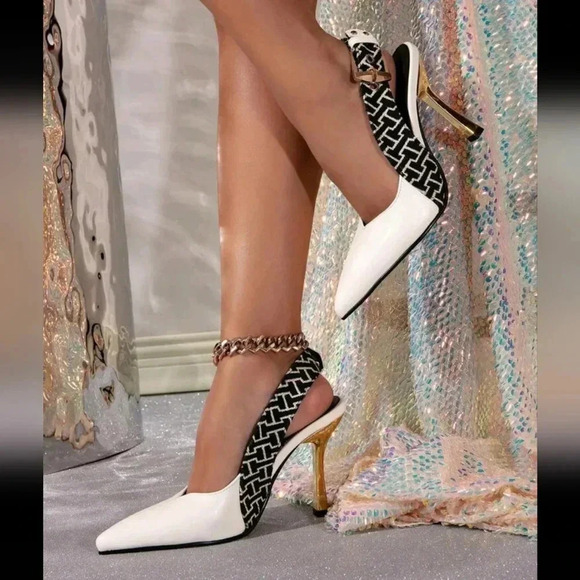 Women'S Buckle Closure Pointed Toe Hollow Out Splice Stiletto Heels, White Dress - Picture 2 of 6